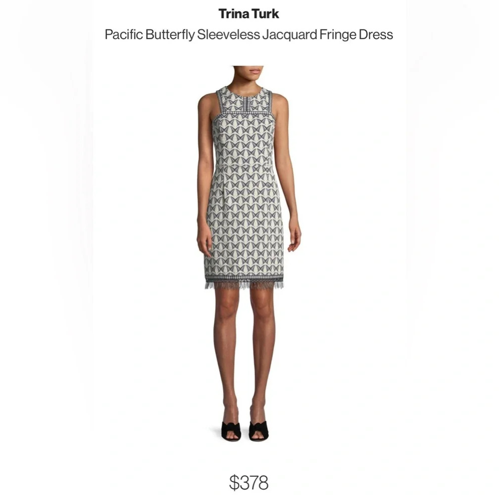 Trina Turk butterfly dress Pacific Butterfly jacquard fringe indigo ivory size 6 - Picture 12 of 14